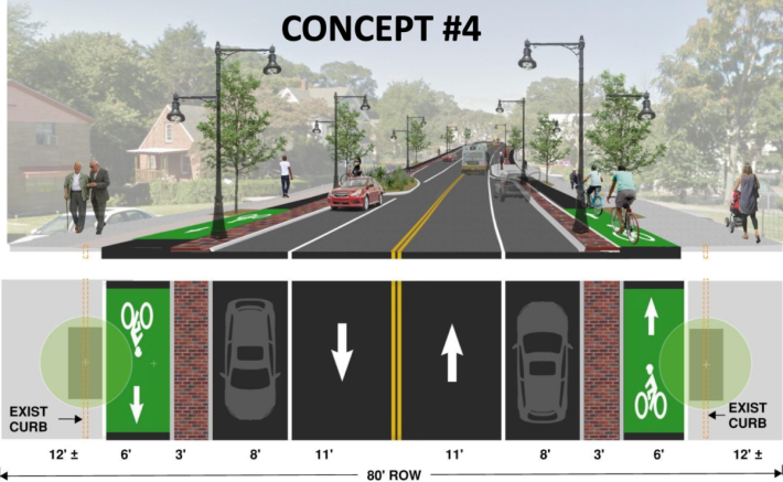 The City of Boston's preferred concept for Cummins Highway would address safety concerns by reducing the street's width, widening sidewalks, and adding protected bike lanes. Courtesy of the City of Boston Public Works Department.