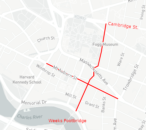 The City of Cambridge is implementing two linked bike facility upgrades in the Harvard Square area. The Inner Mount Auburn project would add some physical protection to the street's existing paint-only bike lane, while the Quincy/Dewolfe project creates a new, bi-directional connection between Cambridge Street and the Charles Riverfront.