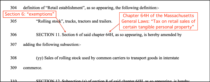 An annotated copy of H.4508, the House transportation financing bill. showing the section that would exempt truck sales from the state sales tax.