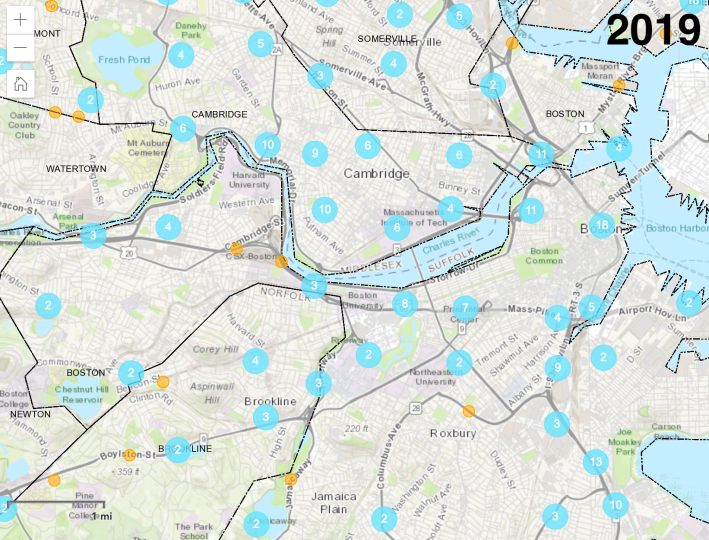 A cluster map of Boston-area crashes recorded from March 15, 2019 to April 1, 2019. Numerals in blue indicate clustered totals for crashes in each neighborhood; yellow circles indicate individual crashes. Courtesy of the MassDOT IMPACT crash database.