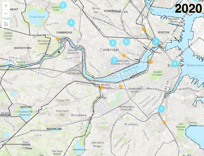 A map of Boston-area crashes recorded during the onset of the COVID-19 pandemic (from March 15 to April 1, 2020). Numerals in blue indicate clustered totals for crashes in each neighborhood; yellow circles indicate individual crashes. Courtesy of the MassDOT IMPACT crash database.