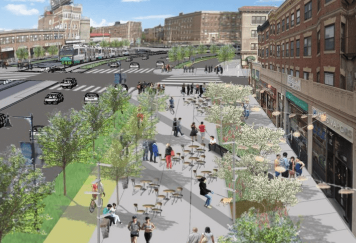 A rendering of a proposed public plaza and cycletrack on Commonwealth Avenue near Harvard St. in Allston. Courtesy of the City of Boston.