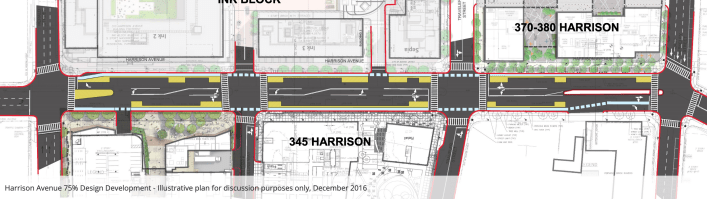 A 2016 sketch plan of the proposed new layout for Harrison Street between Herald and East Berkeley Streets in the South End. Courtesy of the BPDA.