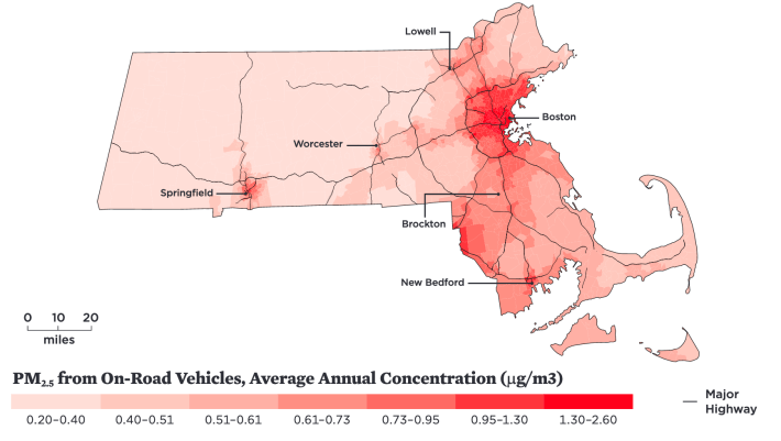 Major highways increase the health risks of fine particulate pollution exposure in the Commonwealth's biggest cities. Courtesy of the Union of Concerned Scientists.