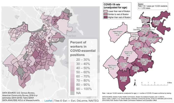 The density of workers in "essential" occupatons (left map), according to the U.S. Census Bureau, compared to Boston's COVID-19 infection rate (right) as of April 2. Courtesy of the ACLU of Massachusetts.