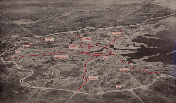 An aerial map of interstate highways proposed in the 1962 Massachusetts "Inner Belt and Expressway System" plan. Courtesy of the Boston Public Library.