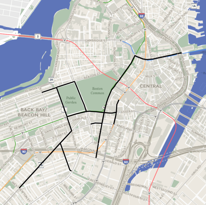 A network of quick-build bike lanes will take shape in downtown Boston this summer as part of the city's "healthy streets" initiative. Courtesy of the City of Boston.