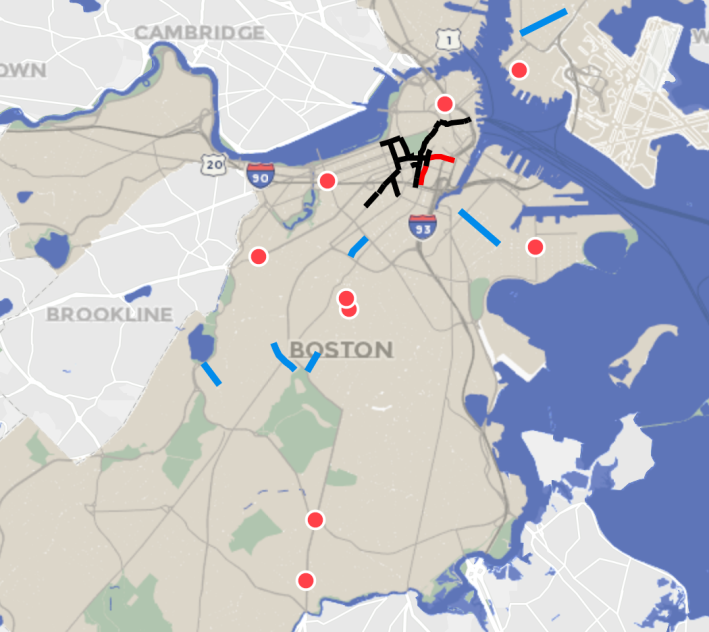 A map of "phase one" street design changes under the City of Boston's new "healthy streets" program, which aims too provide more space for bikes, pedestrians, and transit riders to physically distance as they travel around the city. Red dots indicate expanded bus stop waiting areas; blue lines indicate neighborhood streets that will be partially closed to traffic, and the black lines indicate a new downtown network of pop-up bikeways that will be separated from traffic using construction barrels. Courtesy of the City of Boston.