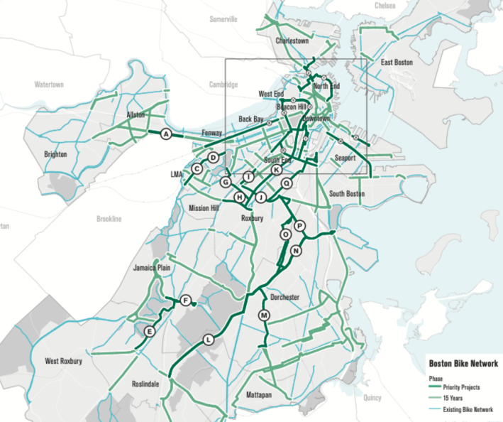 The city's network of "Better Bike Corridors," which would be designed to provide protected and low-stress bicycling facilities, from the GoBoston 2030 plan.