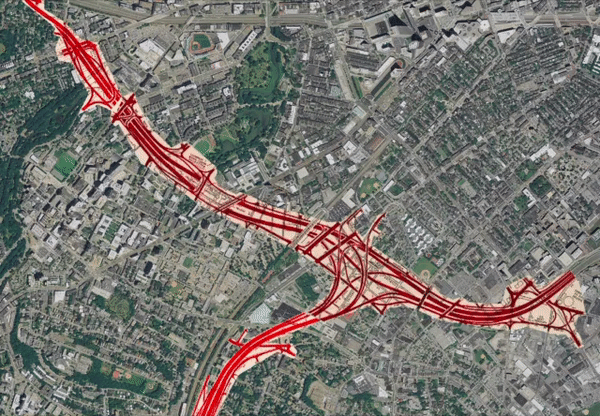 Modern-day aerial imagery of Boston's Lower Roxbury and Fenway neighborhoods, overlaid with the Commonwealth's 1962 plans for the Inner Belt highway and Southwest Expressway. Imagery courtesy of MapJunction.com