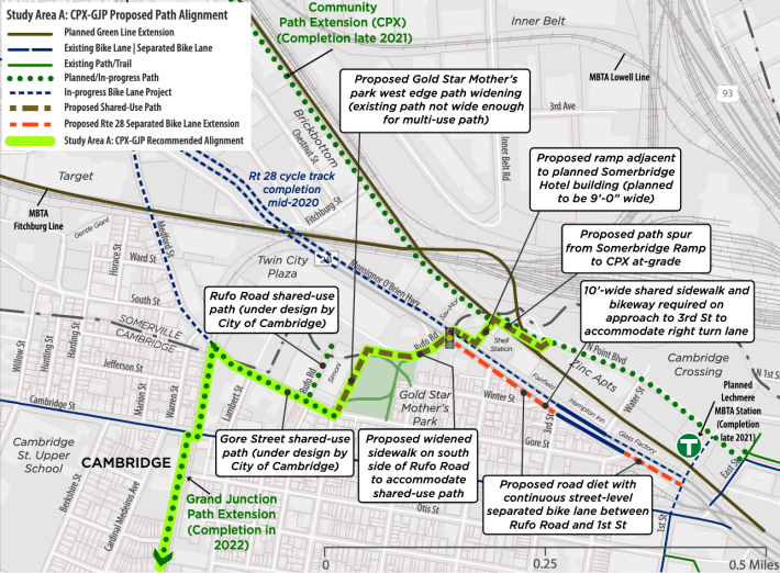 A recommended route to link the Grand Junction path in Cambridge to the under-construction Community Path near the new Lechmere Green Line station. Courtesy of the Friends of the Community Path and the Friends of the Mystic to Charles Connector.