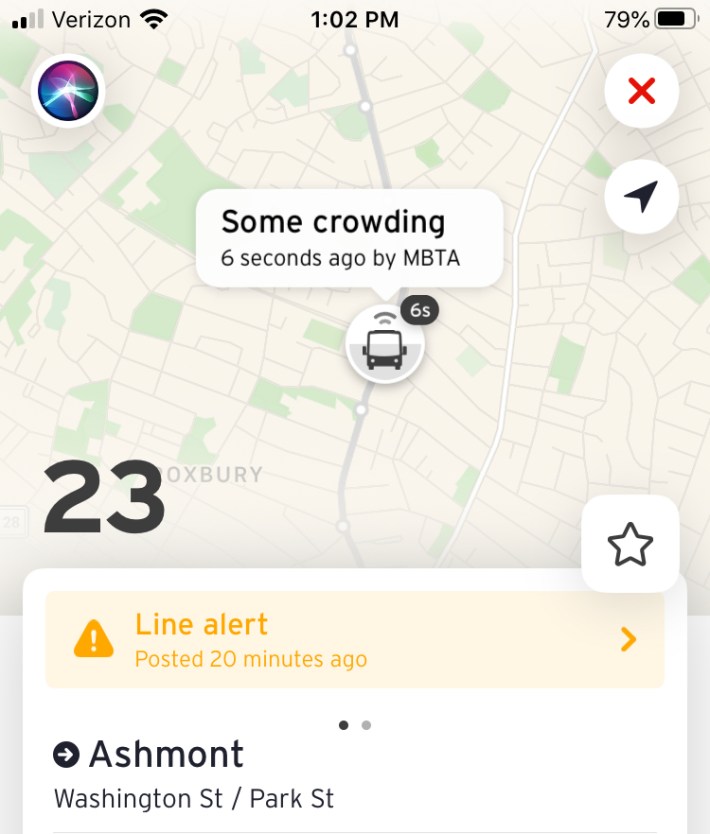 A screenshot from the Transit app shows the MBTA's new real-time crowding information for a Route 23 bus on the afternoon of Friday, June 19, 2020.