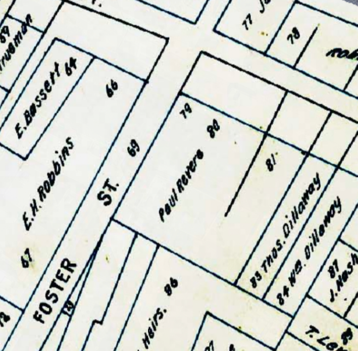 A detail from Samuel Clough's 1798 atlas of Boston shows Paul Revere's property on the corner of Foster and Lynn (now Commercial) in the North End. In the 20th century, part of this site became the Foster Street Playground, a public park that has since been taken over as a private parking lot. Courtesy of the Massachusetts Historical Society.