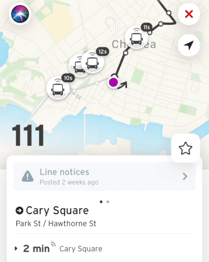 A screenshot of the Transit app showing crowding data for buses on Route 111 in Chelsea.