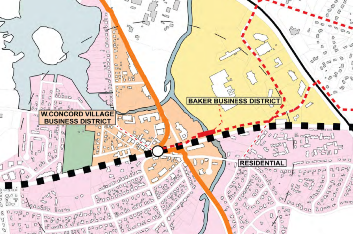 A proposed bridge (thick red line) over the Assabet River in West Concord would put a suburban office park – the "Baker Business District" – within easy walking distance of West Concord's village.