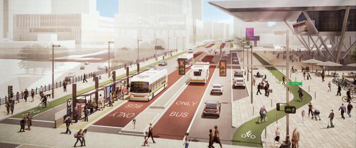 A conceptual rendering of proposed center-running bus lanes on Summer Street near the Boston Convention and Exhibition Center. Courtesy of the City of Boston.