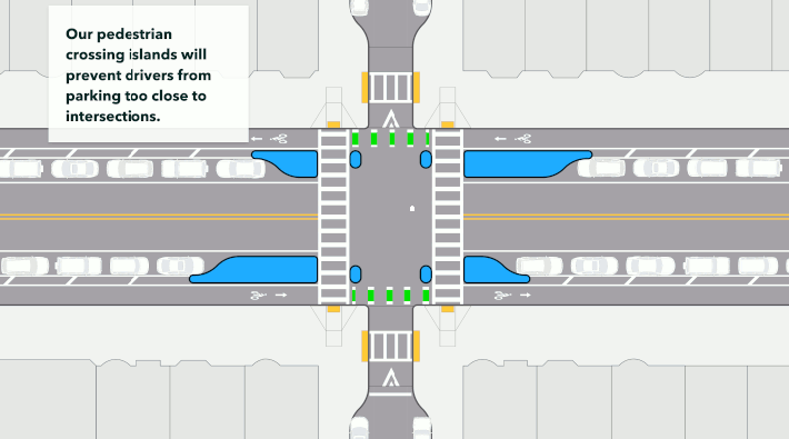 A before-and-after illustration of the city's new design for Tremont Street in the South End, showing shortened crosswalks and protected bike lanes. Courtesy of the Boston Transportation Department.