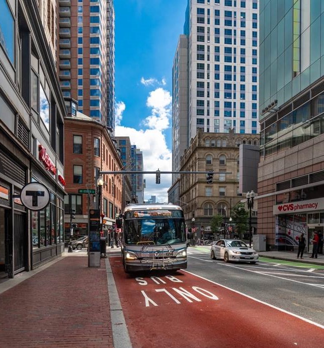 An SL5 bus stops in a new dedicated bus lane on Washington Street near the Chinatown T station. Courtesy of the MTBA.