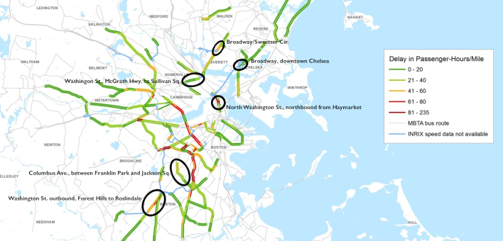 New bus lane projects that the MBTA and municipalities will implement in the fall of 2020 and spring of 2021, overlaid on a map of bus delays on the MBTA's high-ridership bus routes.