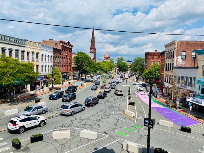 A view from City Hall of Northampton's pilot Maimn Street redesign in the summer of 2020. Complaints from business owners led the city to discontinue the temporary street reconfiguration after only a few weeks. Photo by Northampton Mayor David Narkewicz.