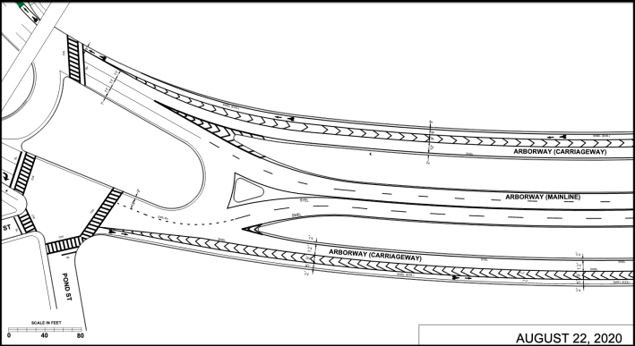 A sketch of DCR's proposed short-term striping changes for the north end of the Arborway in Jamaica Plain. One motor vehicle lane in each direction on the outer "carriageways" would be converted to wide buffered bike lanes in this plan. Courtesy of the Massachusetts DCR.