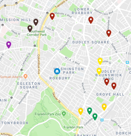 Bus stops within a 1.25 mile walk of Ellis School (marked by the home icon in the center of the map). Different colors represent the different bus routes. Courtesy of Sam Balto.