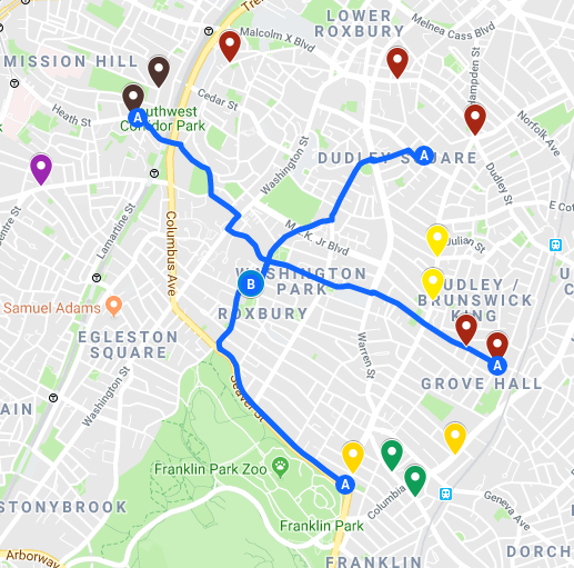 These four proposed walking school bus routes could serve over 100 students living within a 1.25 mile walk of Ellis School (marked by the home icon in the center of the map). Courtesy of Sam Balto.