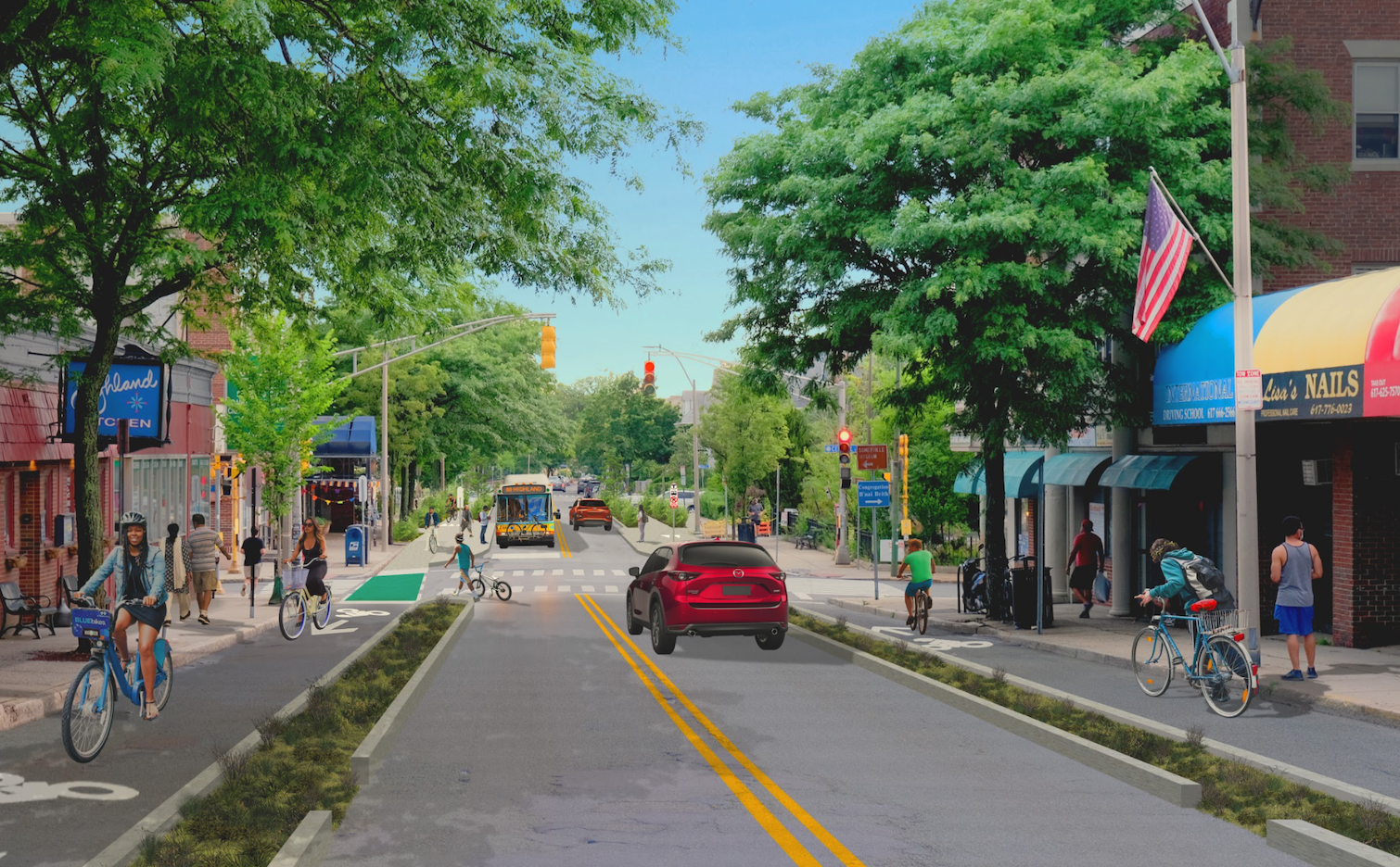 Reimagined design for Highland Avenue with protected bike lanes