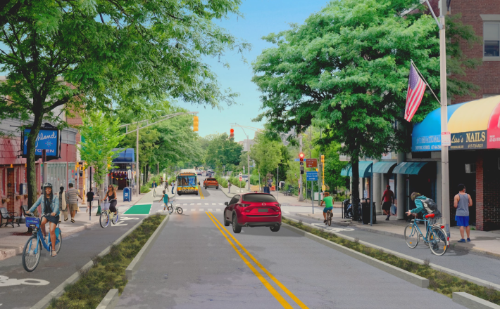 Reimagined design for Highland Avenue with protected bike lanes