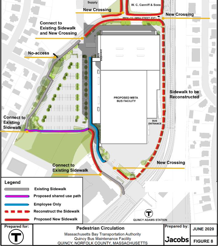 A conceptual site plan for a proposed new bus garage in Quincy, showing new and upgraded pedestrian routes to the Quincy Adams Red Line station. Courtesy of the MBTA.