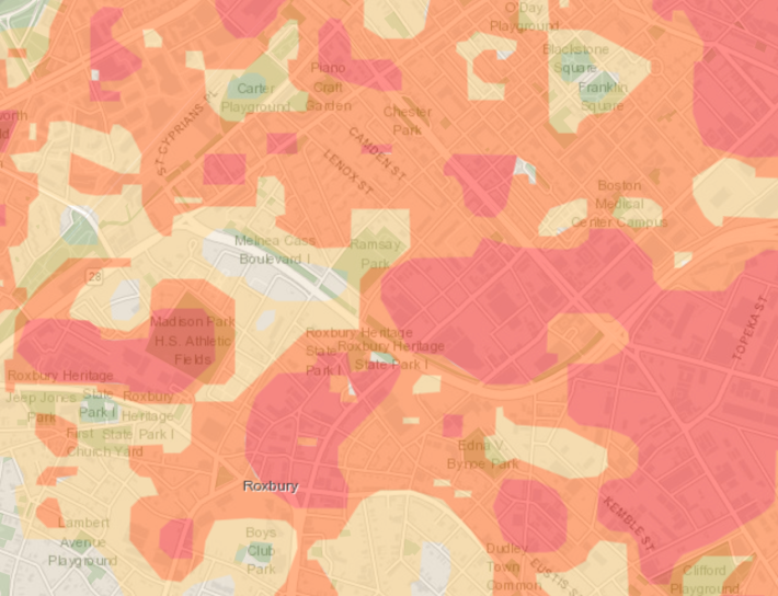 The tree-lined Melnea Cass Boulevard corridor and nearby parks cut a swath in Roxbury's intense urban heat island, as seen in this map of daytime surface temperature variations. Courtesy of the Climate Ready Boston Map Explorer.