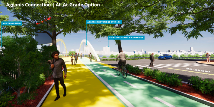 A rendering of a bike and pedestrian overpass to the Charles River under A Better City's proposed at-grade alternative for the Allston I-90 project. Courtesy of A Better City.