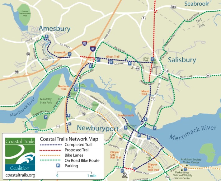 New trail connections (highlighted in red) will link the downtown areas of Amesbury, Salisbury and Newburyport to the MBTA's northernmost commuter rail stop and to the town of Seabrook in New Hampshire. Map courtesy of the Coastal Trails Coalition.