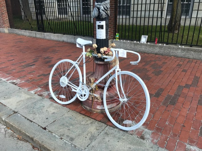 A new ghost bike memorial to Darryl Willis, who was killed by a truck driver in Harvard Square on August 18.