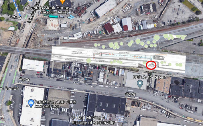 The planned East Somerville station, overlaid on a Google Map view of the Inner Belt. The station's lone entrance (circled in red) will be located 500 feet from Washington Street.