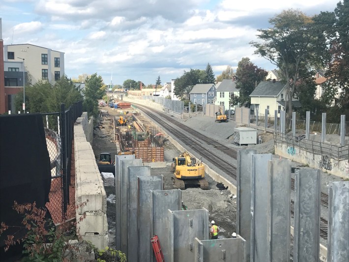 The Magoun Square station under construction, seen from Lowell Street, on Oct. 1, 2020.