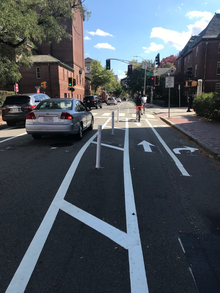 At DeWolfe Street, the new protected bikeway will include turn lanes for bikes bound for the new Quincy-Bow-DeWolfe bikeway.