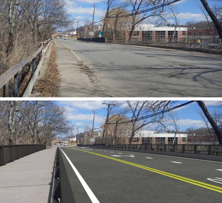 The current Charles River Bridge that links Needham Street in Newton with Highland Avenue in Needham (top image) and a rendering of the proposed new bridge deck that will be built with widened shared-use pathways. Courtesy of MassDOT.
