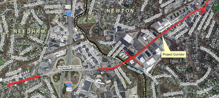 A map of MassDOT's Needham-Newton Corridor project. Roadways highlighted in red will be rebuilt with new sidewalks and raised protected bike lanes over the next two years. Courtesy of MassDOT.