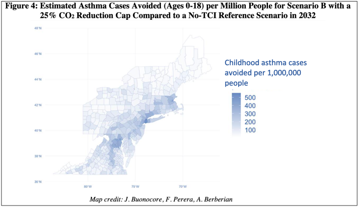 Public health researchers estimate that thousands of childhood asthma cases could be avoided throughout the northeast – particularly in urban areas – if the states adopt the proposed Transportation and Climate Initiative. Courtesy of the Transportation, Equity, Climate and Health (TRECH) Project.