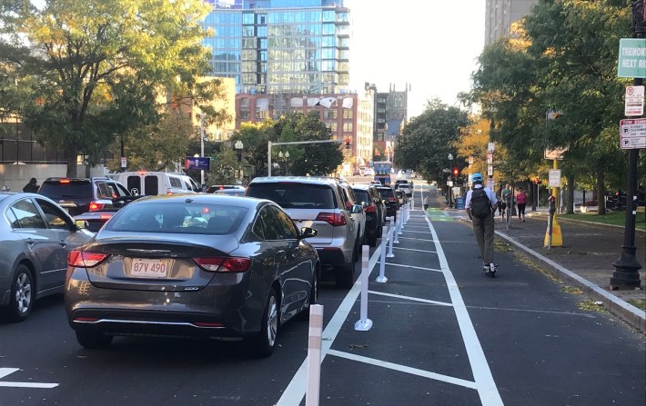 Chinatown's new southbound protected bike lane on Tremont Street, photographed on Sept. 30, 2020.