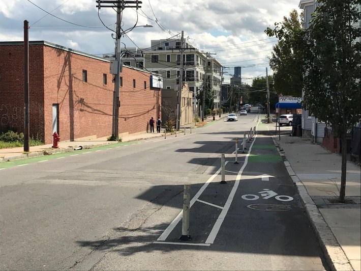 Webster Street in Somerville, seen in October 2020. These protected bike lanes from Union Square towards Cambridge currently end at the Cambridge city line.