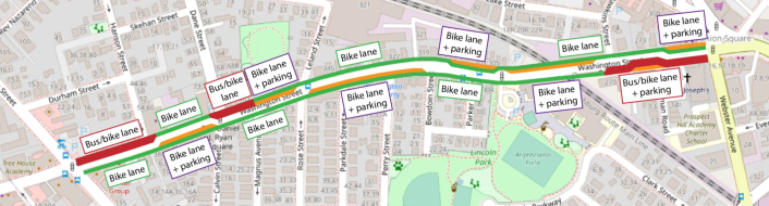 A sketch of proposed new bus lanes and bike lanes on Washington Street near Union Square in Somerville. Courtesy of the City of Somerville.