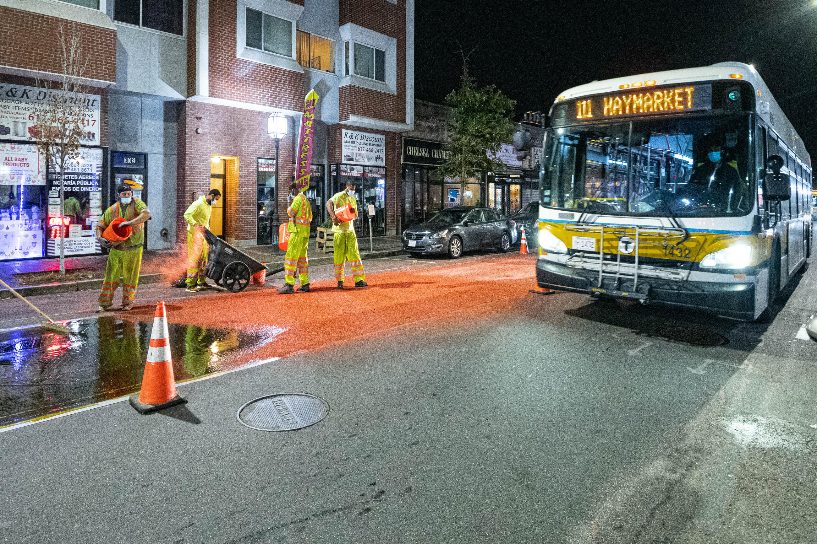 Chelsea bus lane installation on Broadway