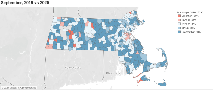 Map of Massachusetts bike Activity Sept 2019 vs. Sept2020