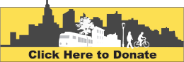 Button showing a stylized city skyline above the words "click here to donate"