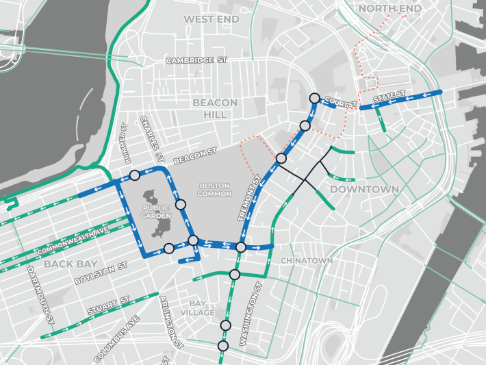 Downtown Boston bike network map in 2020