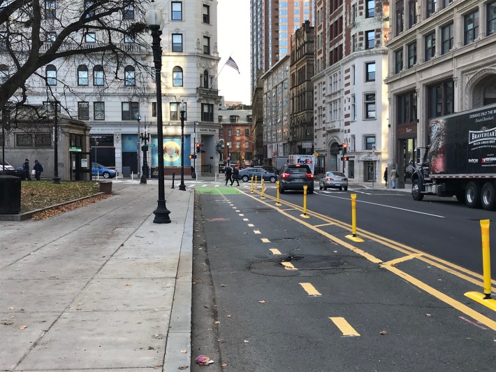 Two-way protected bike lane on Boylston St. approaching Tremont