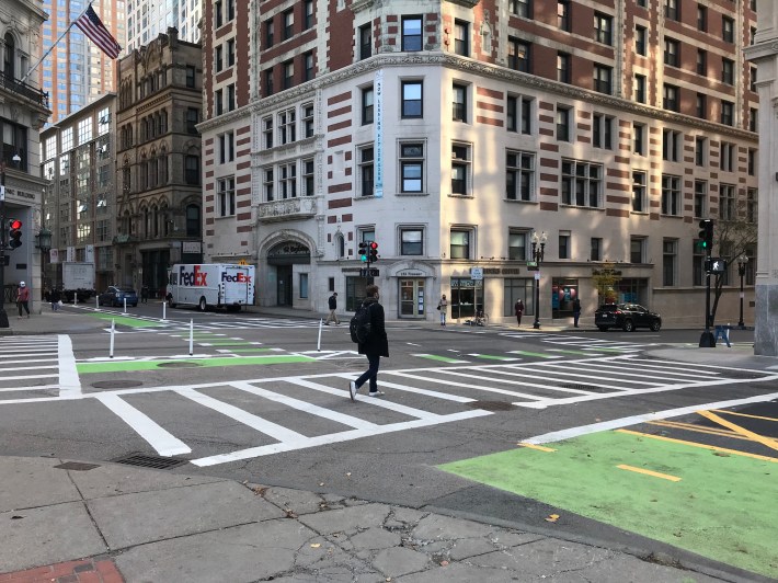 Two bike lanes intersect at Boylston and Tremont in downtown Boston