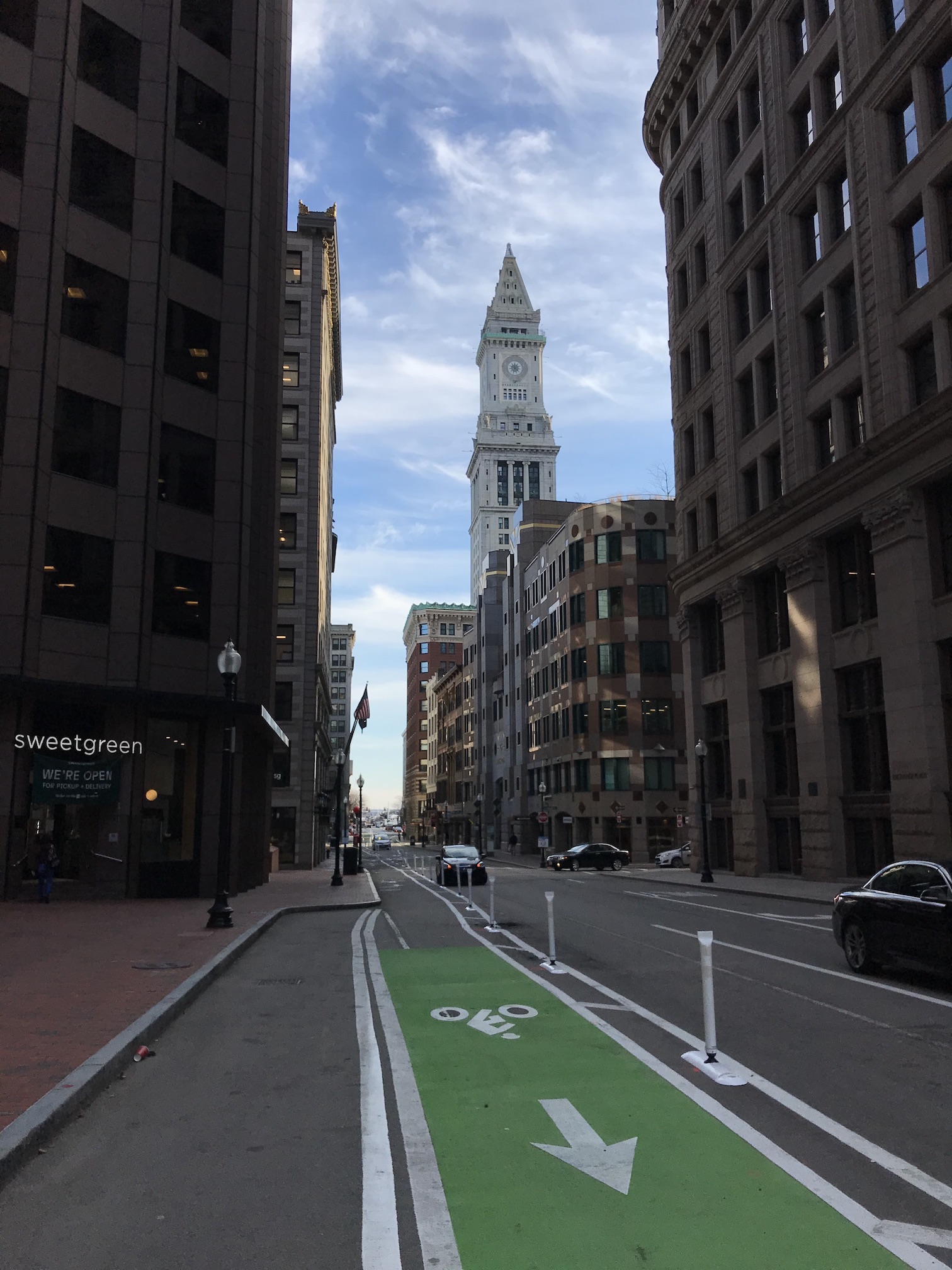 State St. protected bike lane and Custom House Tower
